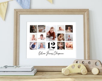 Personalised baby 1st year birthday collage print. An ideal keepsake or gift for 12 months as baby first birthday present and nursery decor
