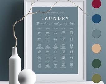 Laundry Care Symbol Guide Print In Vibrant Colours- Laundry Room Decor, Laundry Symbols, Laundry Instructions Print, Wash Symbols Poster