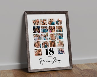 May include: A framed photo collage with 18 photos of a person's life, with the text "18 Years of Hanna Jones" at the bottom.
