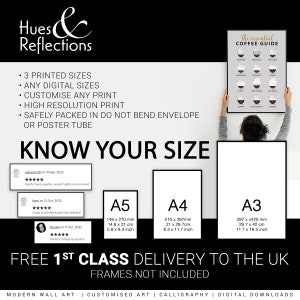 May include: A white poster with black text that reads "The essential COFFEE GUIDE" and shows different types of coffee drinks with their names. The poster is hanging on a white wall. The poster is available in three sizes: A3, A4, and A5. The sizes are listed in centimetres and inches. The poster is free first class delivery to the UK. Frames are not included.