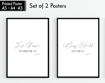 Michael Scott-printset van 2: Crazy World, Lotta Smells & Just Poopin You Know How I Be, poster met quote op kantoor, poster met badkamer op kantoor