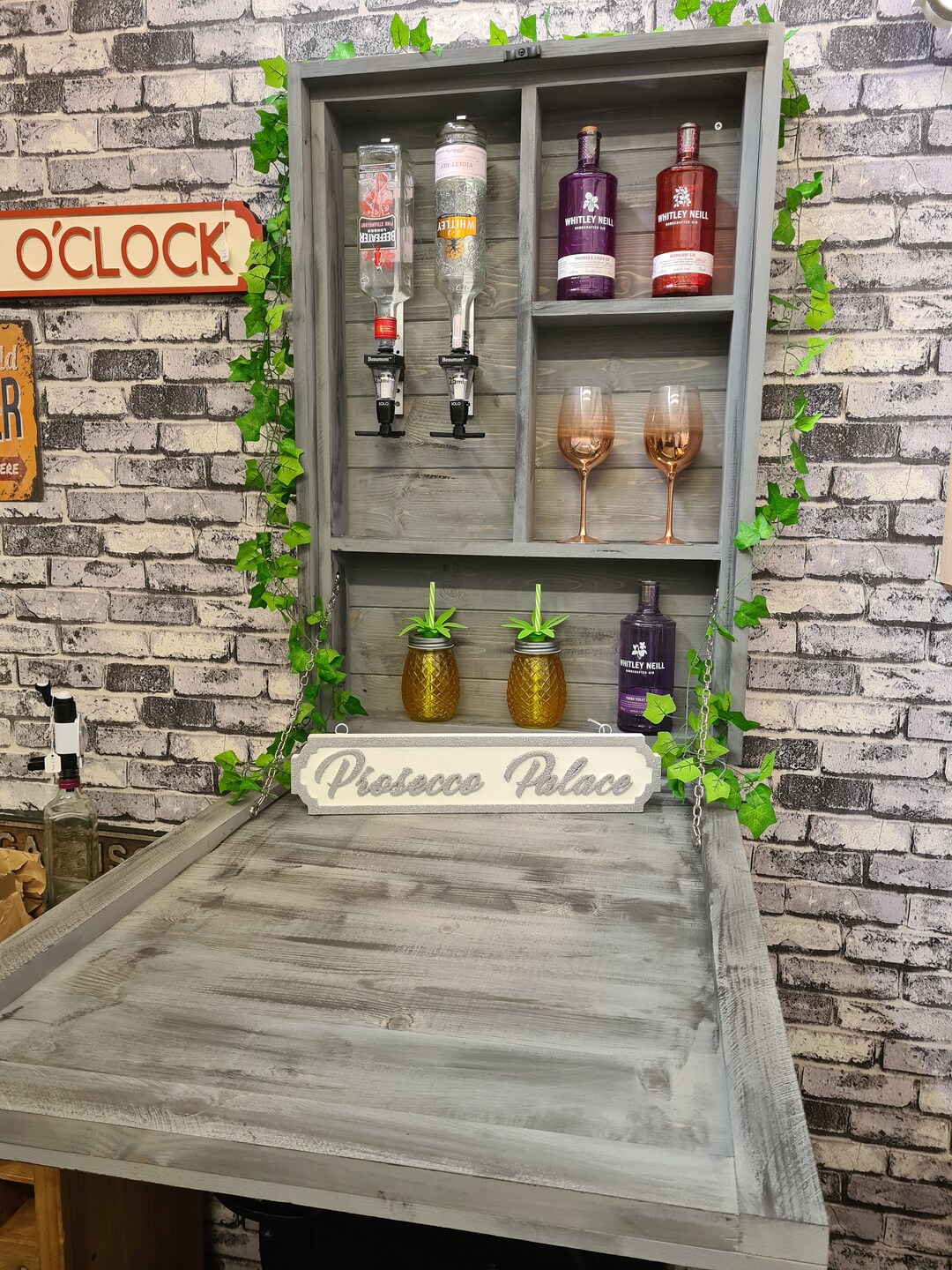 Grey Stained Drop Down Home & Garden Bar With Optics/fold Away Bar
