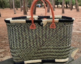 Panier cabas de paille tressée, panier de marché coloré, sac artisanal fait main, Cabas courses osier, panier XXL