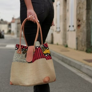 Women's handbag in natural jute wax fabrics, handmade handbag image 1