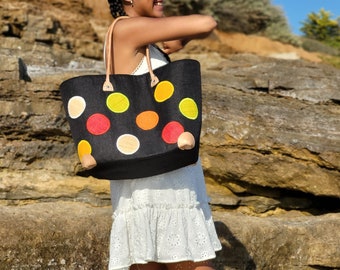 Large beach straw bag, handmade raffia tote, shoulder handbag