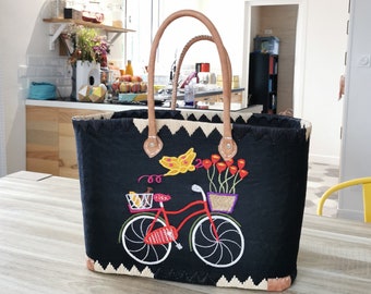 Very large family beach bag, straw shopping bag, natural woven raffia, handmade