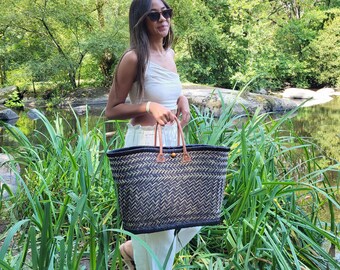 XXL natural straw basket, market tote basket, Beach Bag XXL - Wicker basket with leather handle, picnic basket, Shopping basket, handmade