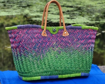 Woven straw tote basket, colorful market basket, handmade artisanal bag, wicker shopping tote, XXL basket