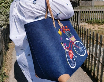 Large beach straw basket, embroidered straw tote bag, beachbag, raffia basket, woven market basket, race, shopping, beach