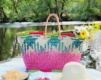 Large wicker basket, market basket, colorful raffia basket, rigid shopping basket, market, beach