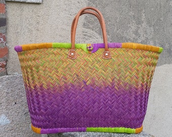 Woven straw tote basket, colorful market basket, handmade artisanal bag, wicker shopping tote, XXL basket