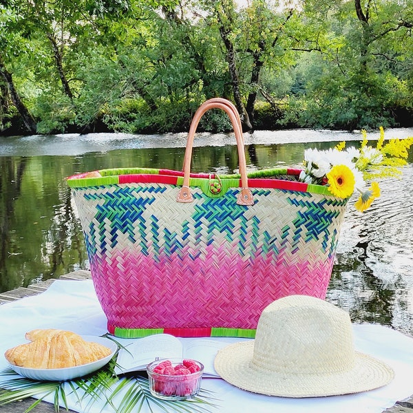 Grand panier en osier , panier de marché, panier raphia colorés, panier rigide courses, marché,  plage