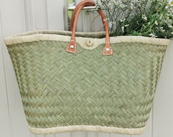 natural braided tote bag basket with leather handles, market, beach, shopping, wedding gift basket