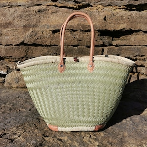 natural braided tote bag basket with leather handles, market, beach, shopping, wedding gift basket