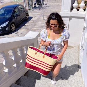 Very large family beach bag, straw beach basket, market tote basket, raffia basket bag Red