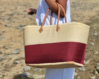 Braided straw basket, natural raffia basket, beach basket bag