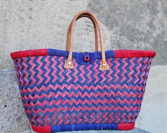 Panier cabas de paille tressée, panier de marché coloré, sac artisanal fait main, Cabas courses osier, panier XXL