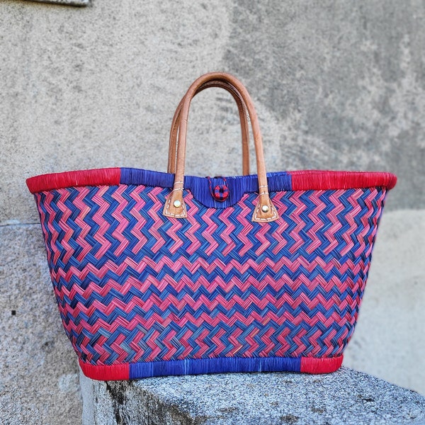 Panier cabas de paille tressée, panier de marché coloré, sac artisanal fait main, Cabas courses osier, panier XXL