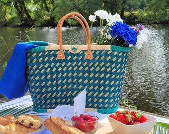 Woven straw tote bag, multicolored raffia tote bag, beach bag, wicker shopping basket, French basket, market bag, handmade
