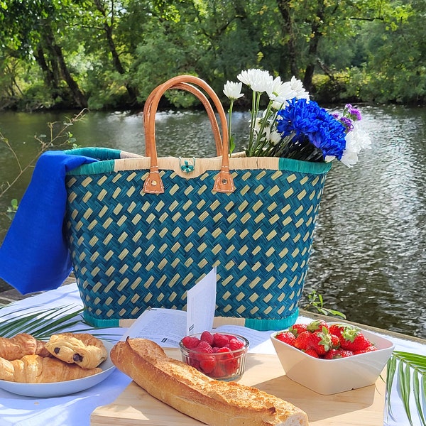 Gewebter Stroh-Einkaufskorb, mehrfarbige Raffia-Einkaufstasche, Strandtasche, Weiden-Einkaufskorb, französischer Korb, Markttasche, handgefertigt