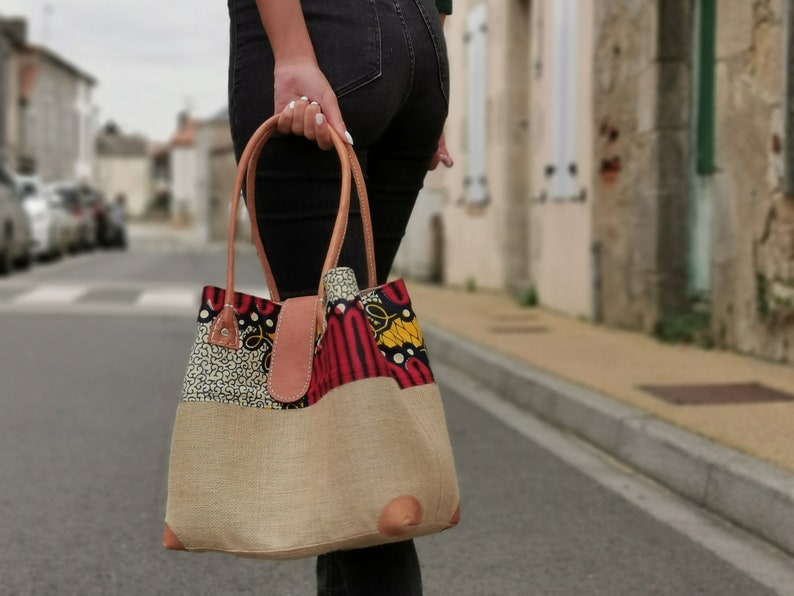 Women's handbag in natural jute wax fabrics, handmade handbag Tissu Wax