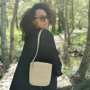 Woven straw bucket bag, natural raffia bag, straw summer bag, handmade chic handbag Jane Birkin style basket image 10