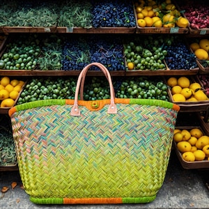 Woven straw shopping basket, colorful market basket, handmade craft bag, wicker shopping bag, XXL basket