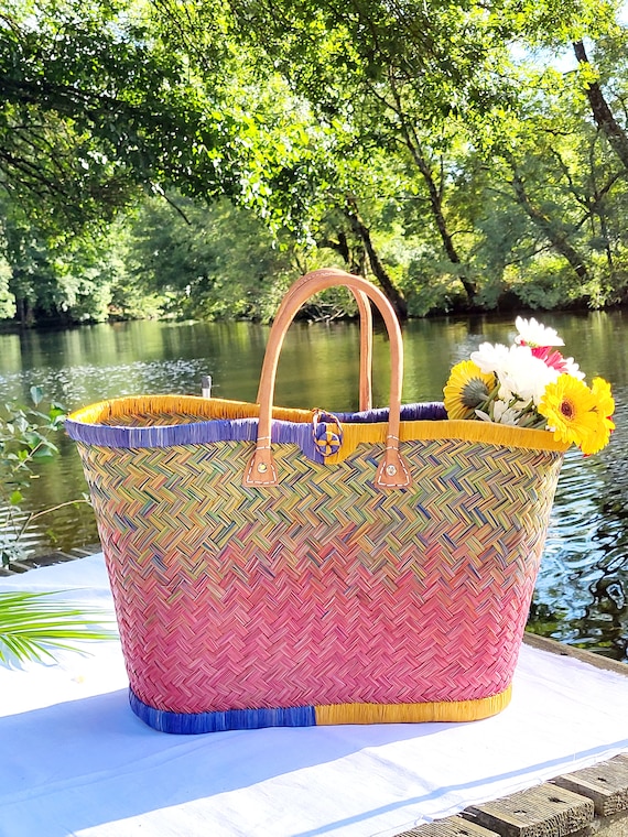 Panier XL en paille tressée naturel, panier pique-nique, sac de