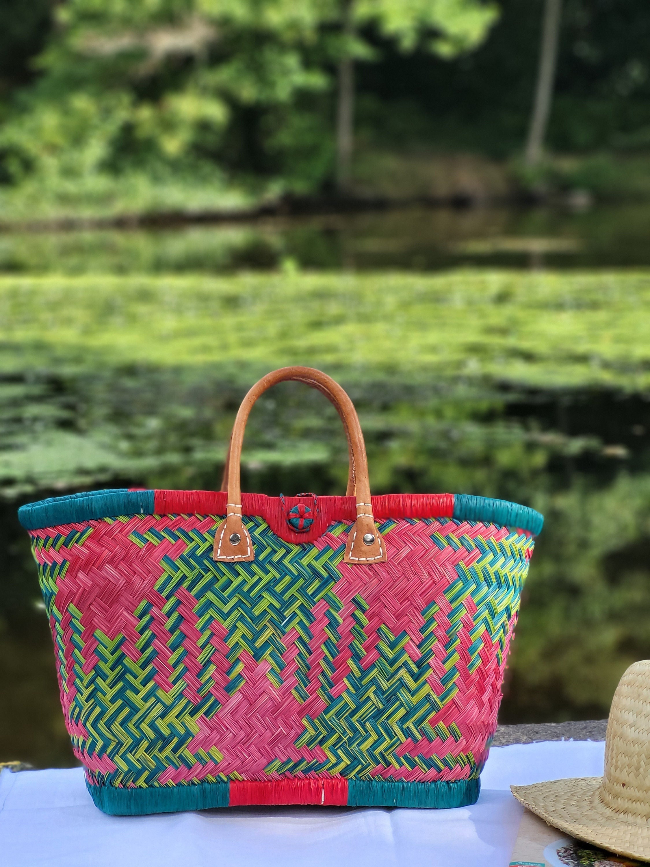 Woven Straw Tote Basket Colorful Wicker Market Basket Small 