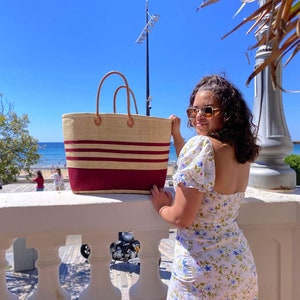 Very large family beach bag, straw beach basket, market tote basket, raffia basket bag Rayure rouge