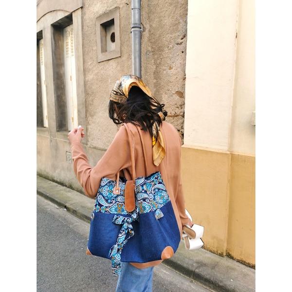 Grand sac fourre-tout femme, sac cabas en tissus raphia, sac idée cadeau,  fait main