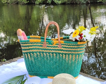 Large Handmade French Market Basket - Colorful Wicker Tote for Shopping, Beach, Boho Decor