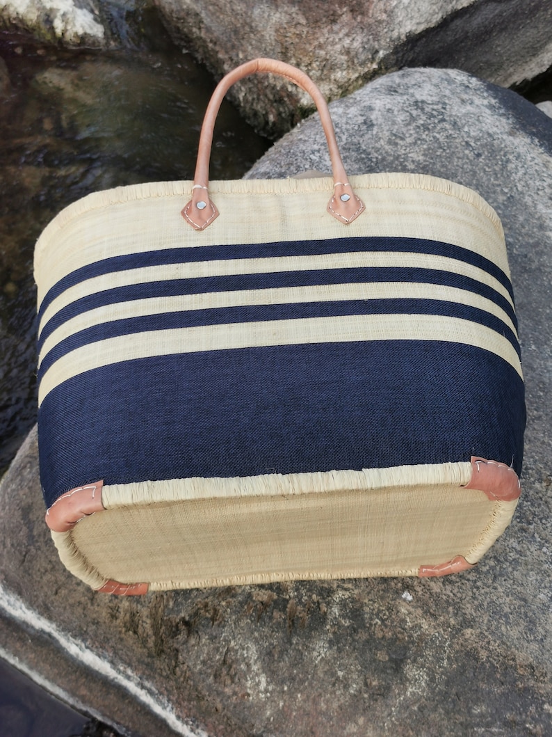 Very large family beach bag, straw beach basket, market tote basket, raffia basket bag Rayure bleu