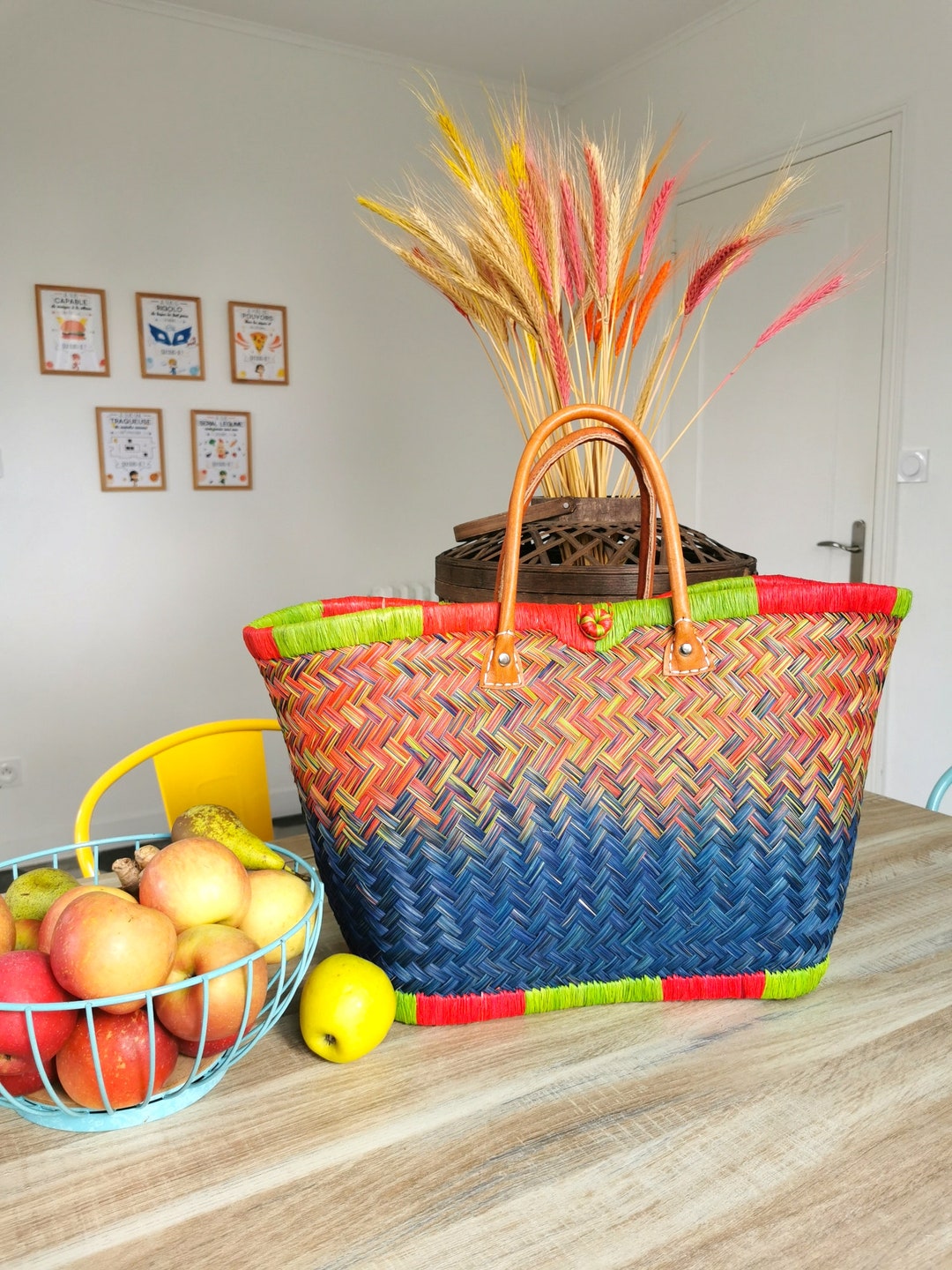 Sac En Paille Tressé Multicolore Patricia Nash Avec Poignée En Bois - Neuf Avec étiquettes