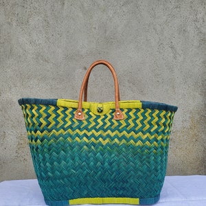 Panier cabas de paille tress?�e, panier de march?� color?�, sac artisanal fait main, Cabas courses 