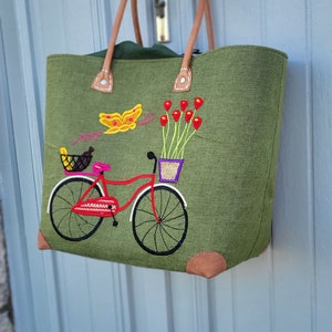 Large beach straw basket, embroidered straw tote bag, beachbag, raffia basket, woven market basket, race, shopping, beach Green