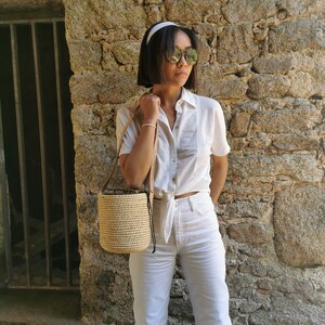 Woven straw bucket bag, natural raffia bag, straw summer bag, handmade chic handbag Jane Birkin style basket image 9