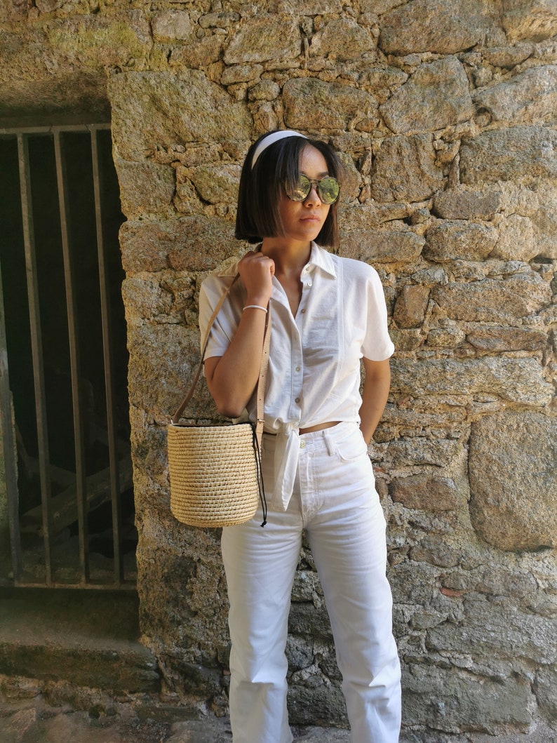 Woven straw bucket bag, natural raffia bag, straw summer bag, handmade chic handbag Jane Birkin style basket image 9