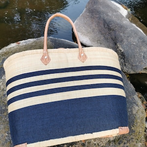 Very large family beach bag, straw beach basket, market tote basket, raffia basket bag Rayure bleu