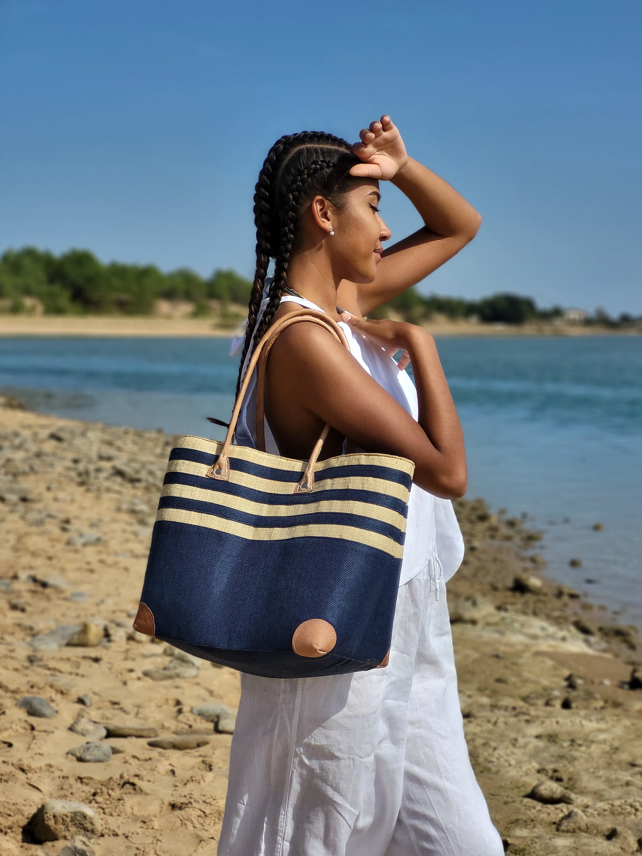 Grand sac de plage, sac bandoulière femme, sac shopping, sac fourre-tout d'été avec anse en corde bleu - Bagagerie - Maroquinerie