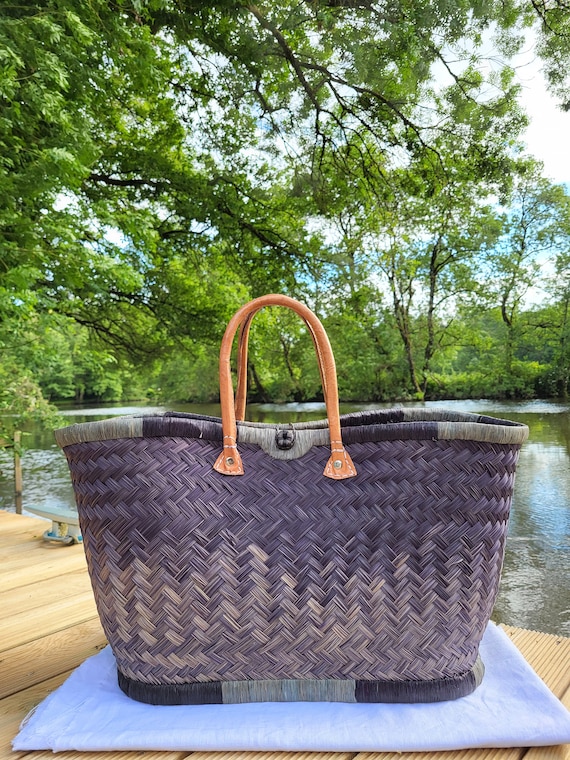 Panier cabas de paille tressee Cabas en raffia multicolore sac de plage panier courses osier panier francais Sac de marche Handmade Etsy France
