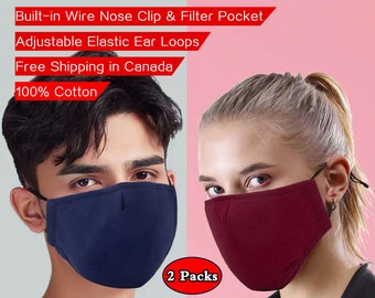 Face Mask with Nose Wire, 100% Cotton, Men's, Women's, Adjustable Ears Loops, Washable & Reusable, Filter Pocket - 2 Packs