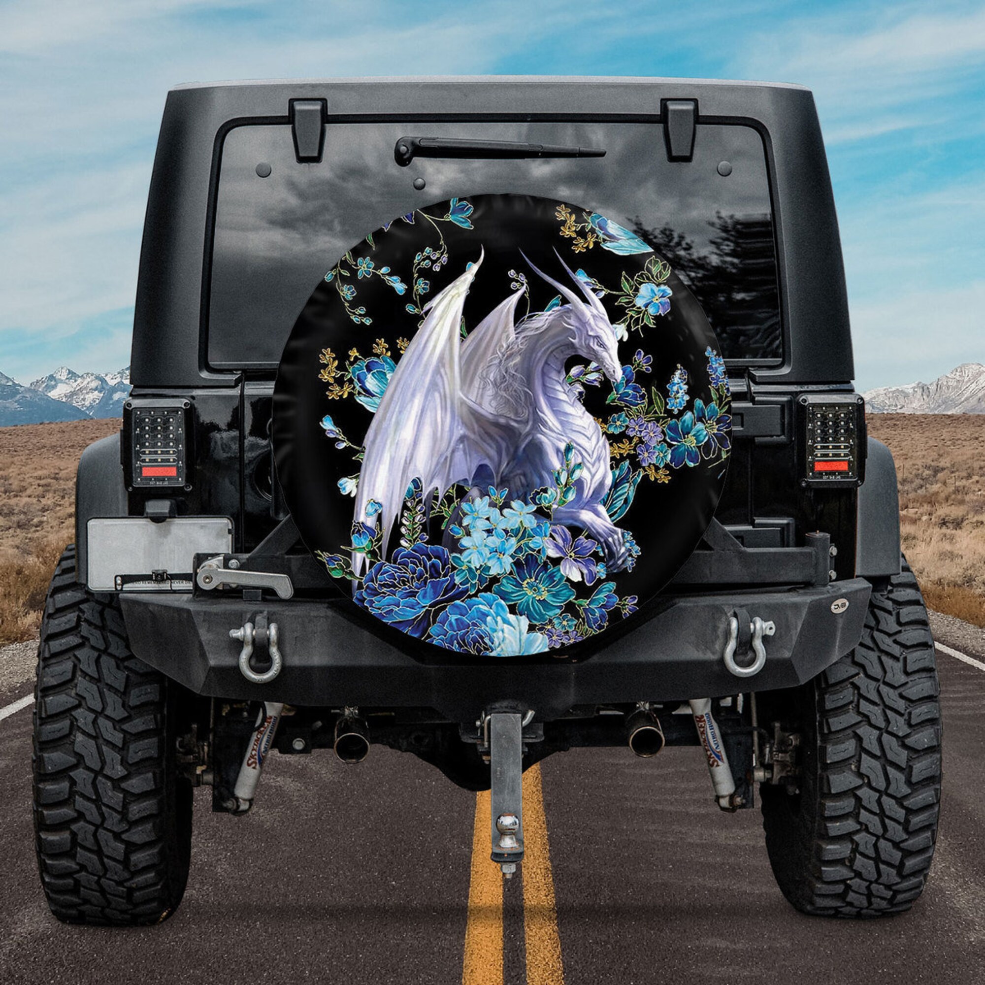 Dragon With Floral SUV Tire Cover, Spare Tire Cover Camper