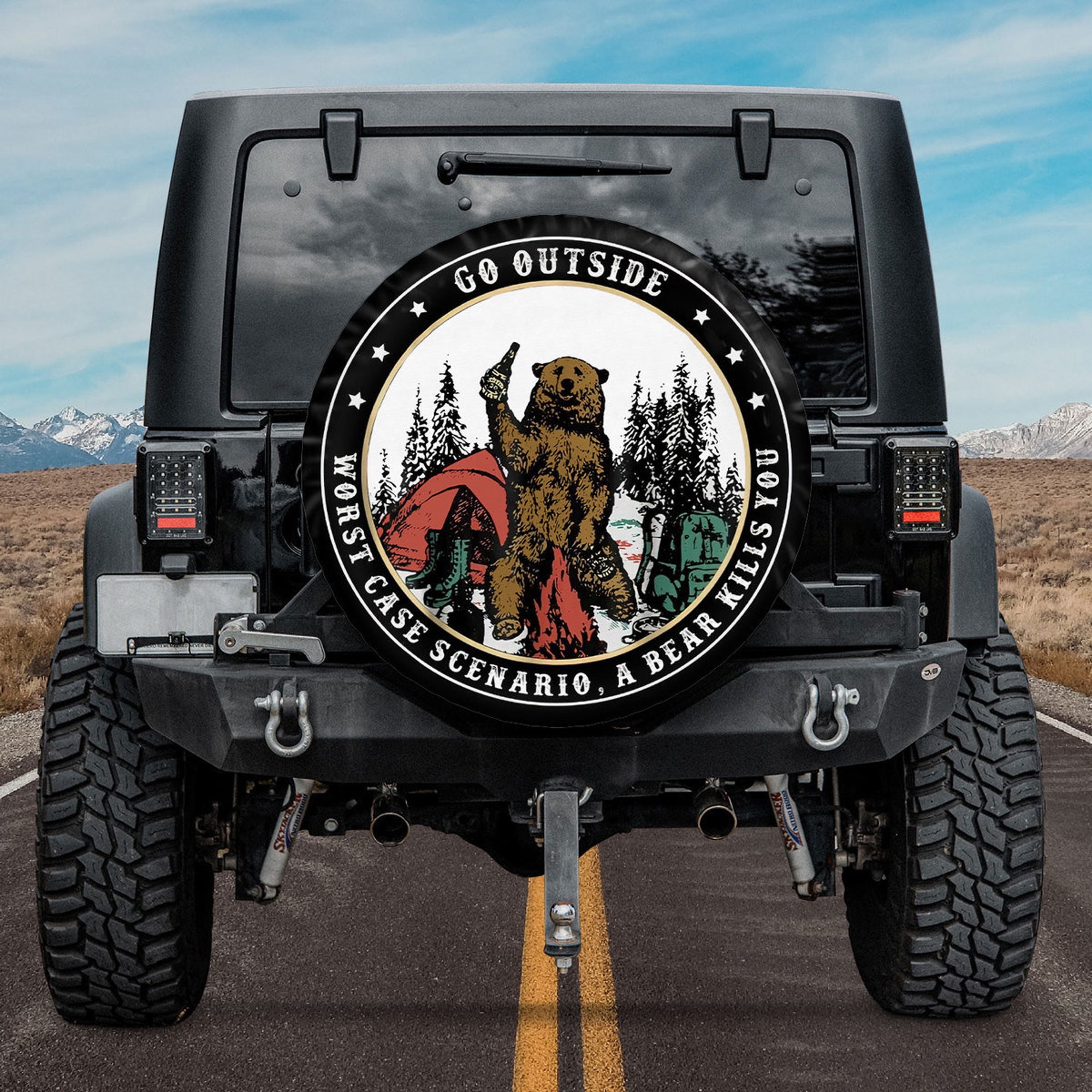 Go Outside Worst Case Scenario A Bear Kills You Gift For Jeep Lover, American Day, Custom Spare Tire Cover