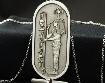 Egyptian Seshat Cartouche Necklace, Egyptian Hieroglyphs customizable 925K Silver necklace Jewelry,Queen of Wisdom Seshat.
