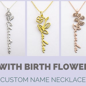 NEW! - Birth Month Flower Name Necklace, Personalised Birth Flower Necklace, Gift for Her, 925 Silver Birth Month Necklace with Name
