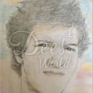 May include: Pencil sketch portrait of a person with curly hair. The artwork is in a square frame with a soft, pastel-colored background. The text "Dee's World" is overlaid on the image.