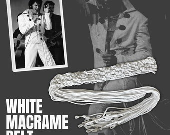 Réplica auténtica del cinturón de macramé blanco de Elvis Presley (cadena, nudo, traje de estrella con borlas)