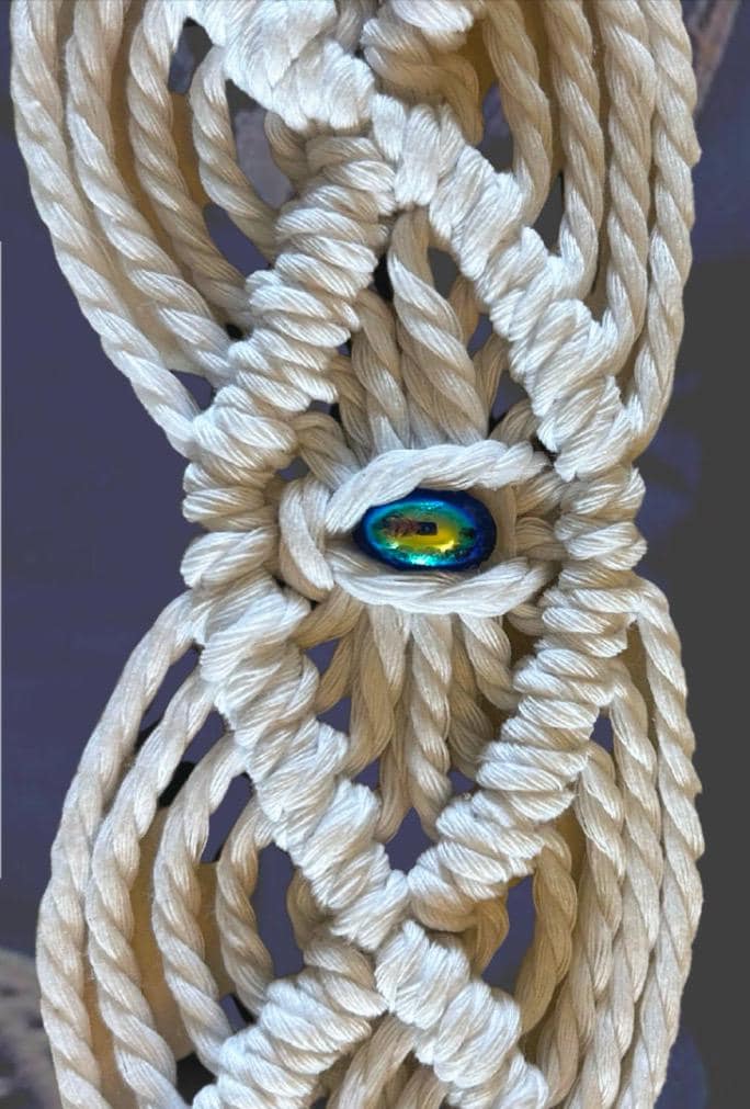 Vintage 70’s Macrame Belt with Blue Accents Vintage White Macrame Belt With Blue Jeweled Vintage Brooch  main image 3