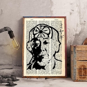 Herr Miyagi Portrait. Karate Kid. Gedruckt auf echter Wörterbuchseite. Pat Morita Porträt. Lexikon Kunst. Cobra Kai, Karate Kid, Miyagi Do.